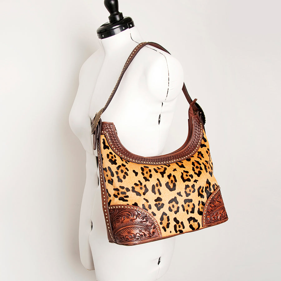 American Darling Hobo Bag, Hand-Tooled Floral Western Leather Purse with Hair-On Cowhide, 9in (H) X 15in (W) X 5in (D)
