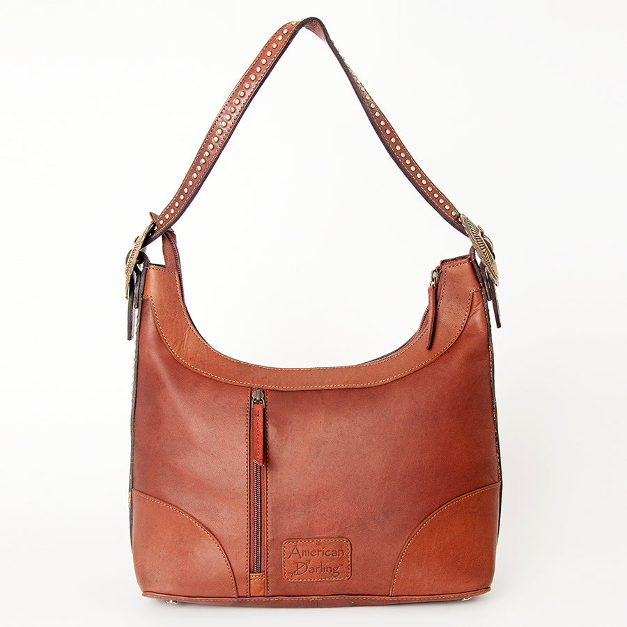 American Darling Hobo Bag, Hand-Tooled Floral Western Leather Purse with Hair-On Cowhide, 9in (H) X 15in (W) X 5in (D)