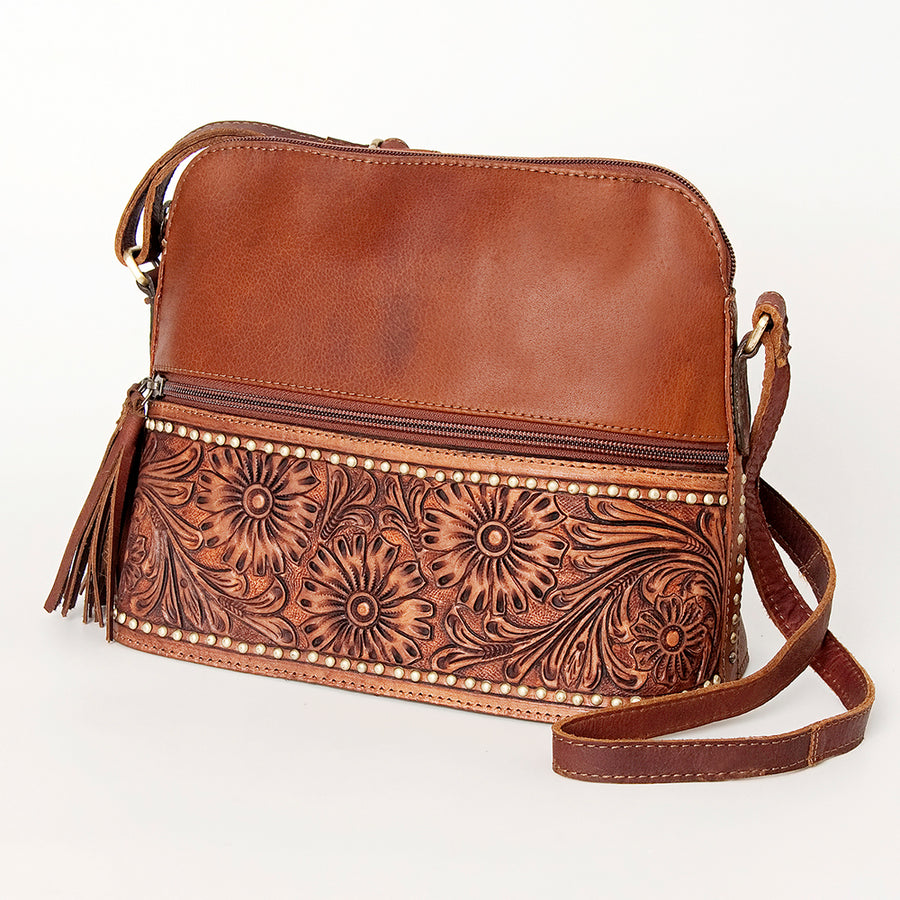 American Darling Cross body Bag, Hand-Tooled Floral Western Leather Purse, Hair-On Cowhide, 9in (H) X 13in (W) X 5.5in (D)