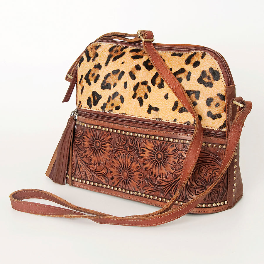 American Darling Cross body Bag, Hand-Tooled Floral Western Leather Purse, Hair-On Cowhide, 9in (H) X 13in (W) X 5.5in (D)
