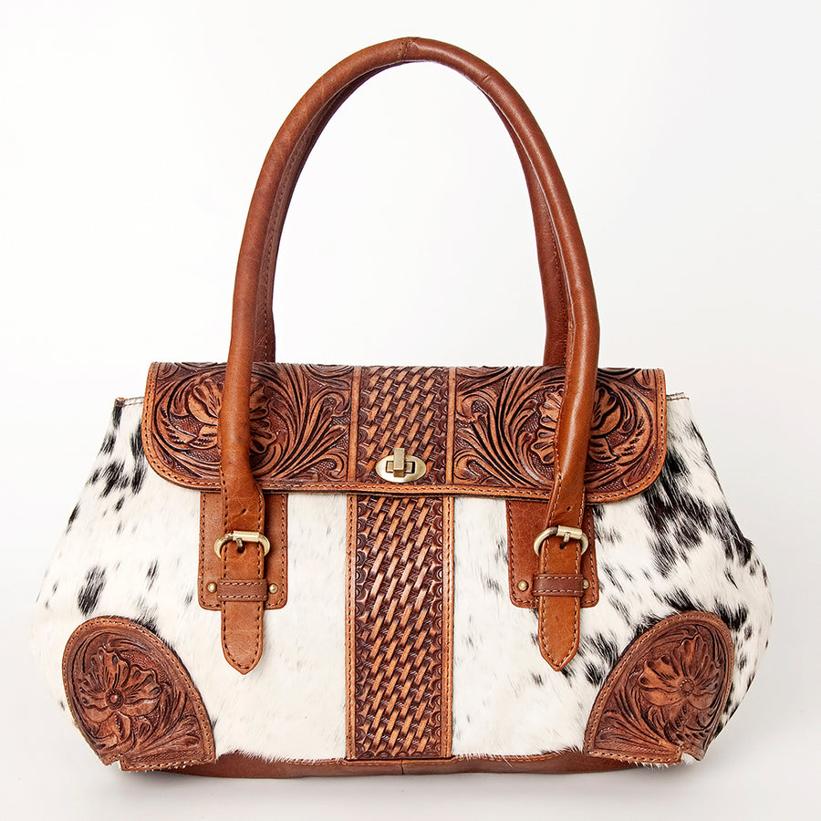 American Darling Speedy Bag, Hand-Tooled Floral Western Leather Purse, Hair-On Cowhide, Basket Weaving, 10in (H) X 16in (W) X 3.5in (D)