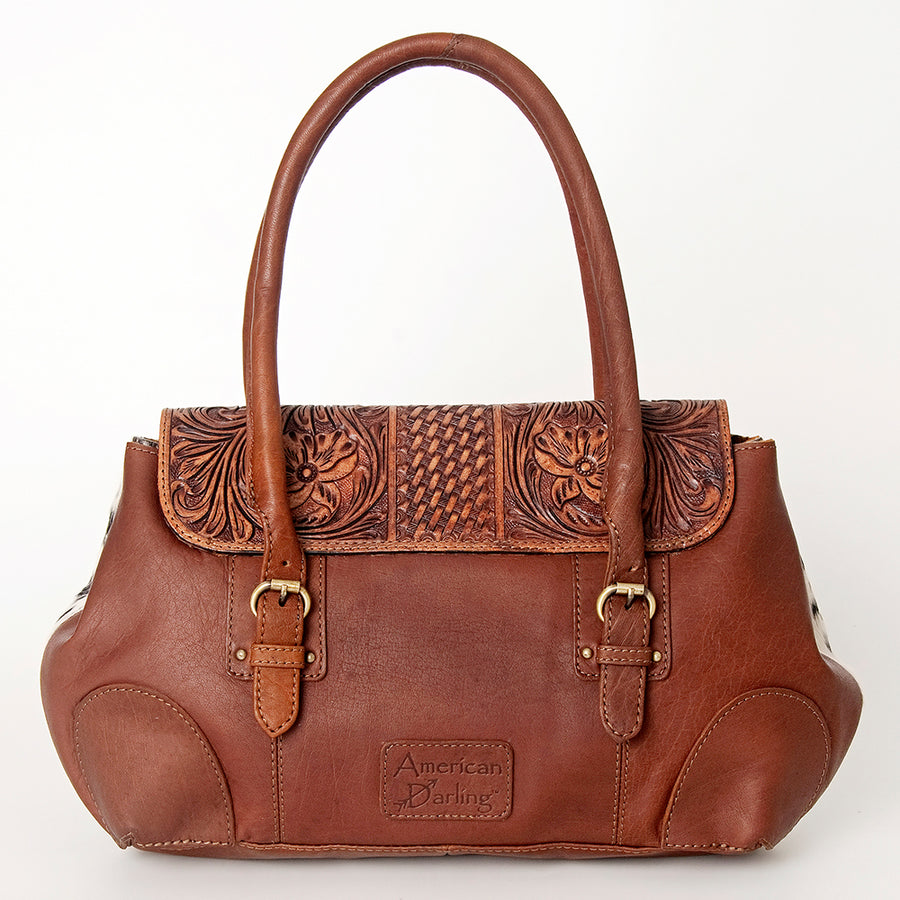 American Darling Speedy Bag, Hand-Tooled Floral Western Leather Purse, Hair-On Cowhide, Basket Weaving, 10in (H) X 16in (W) X 3.5in (D)