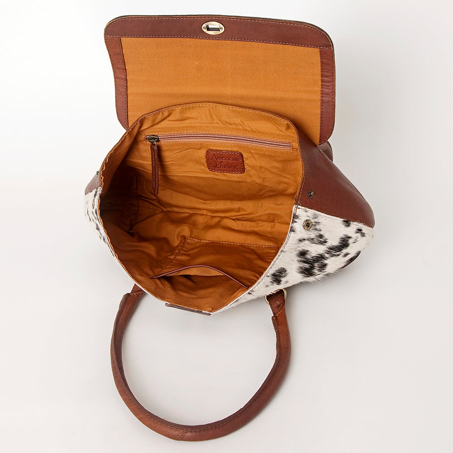 American Darling Speedy Bag, Hand-Tooled Floral Western Leather Purse, Hair-On Cowhide, Basket Weaving, 10in (H) X 16in (W) X 3.5in (D)