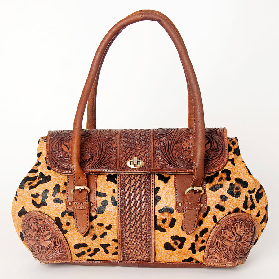 American Darling Speedy Bag, Hand-Tooled Floral Western Leather Purse, Hair-On Cowhide, Basket Weaving, 10in (H) X 16in (W) X 3.5in (D)
