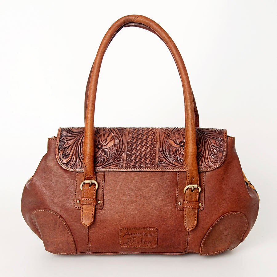 American Darling Speedy Bag, Hand-Tooled Floral Western Leather Purse, Hair-On Cowhide, Basket Weaving, 10in (H) X 16in (W) X 3.5in (D)