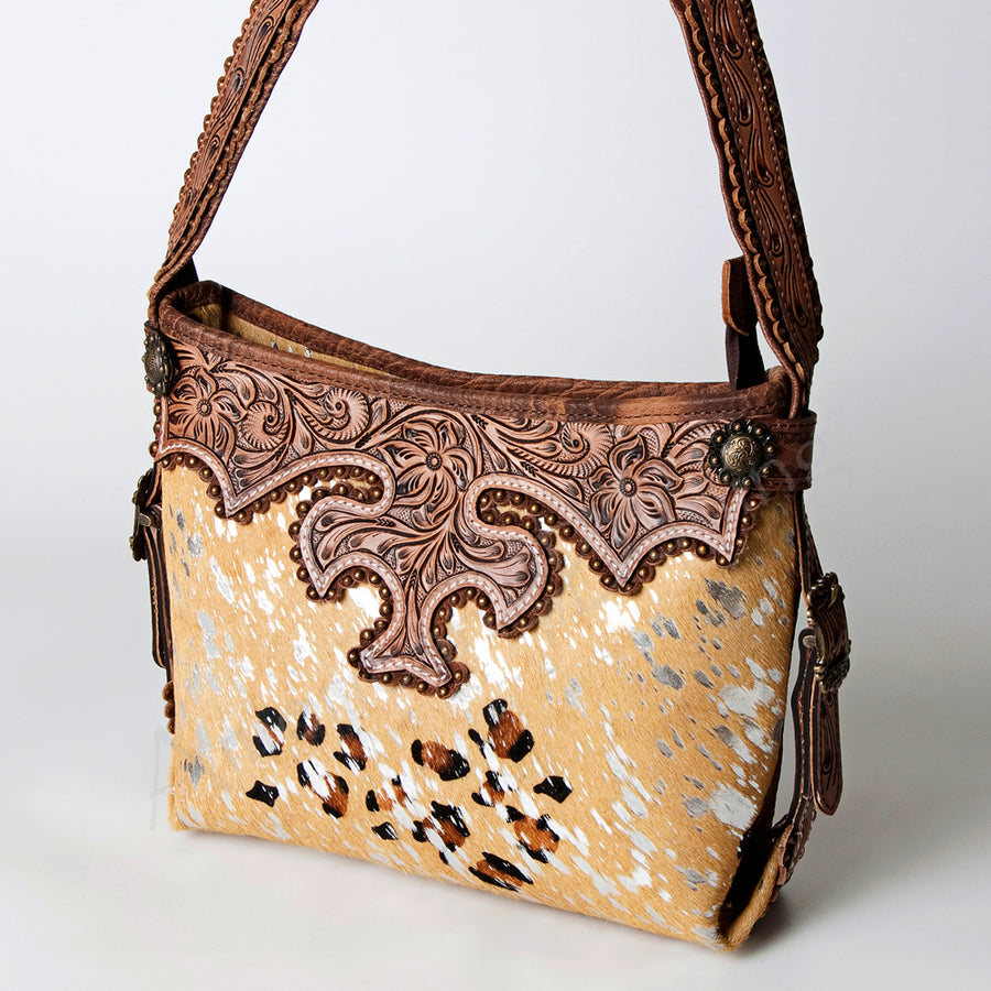 American Darling Handcrafted Hand Tooled Leather Hobo Bag with Hair-On Cowhide - Uhorse