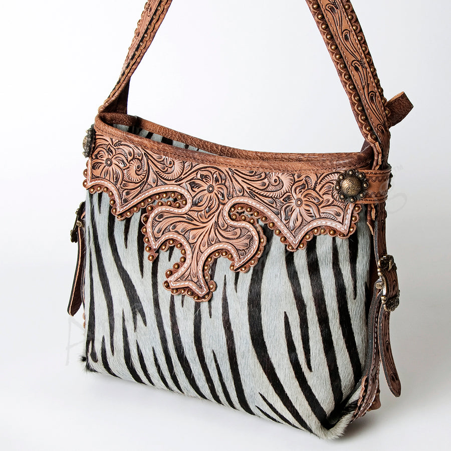 American Darling Handcrafted Hand Tooled Leather Hobo Bag with Hair-On Cowhide - Uhorse