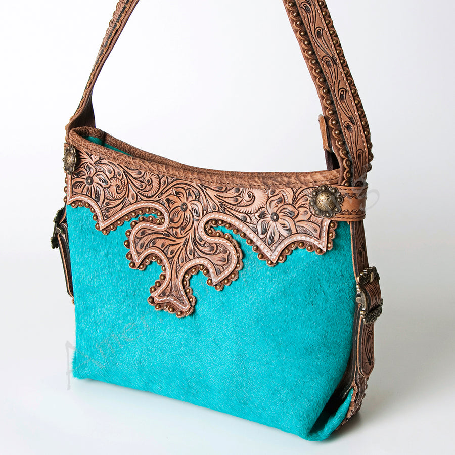 American Darling Handcrafted Hand Tooled Leather Hobo Bag with Hair-On Cowhide - Uhorse
