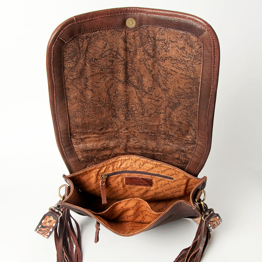 American Darling Hand Tooled Saddle Blanket Cross body Bag Eco-Friendly Genuine Leather Fringed Western Purse YKK Zipper