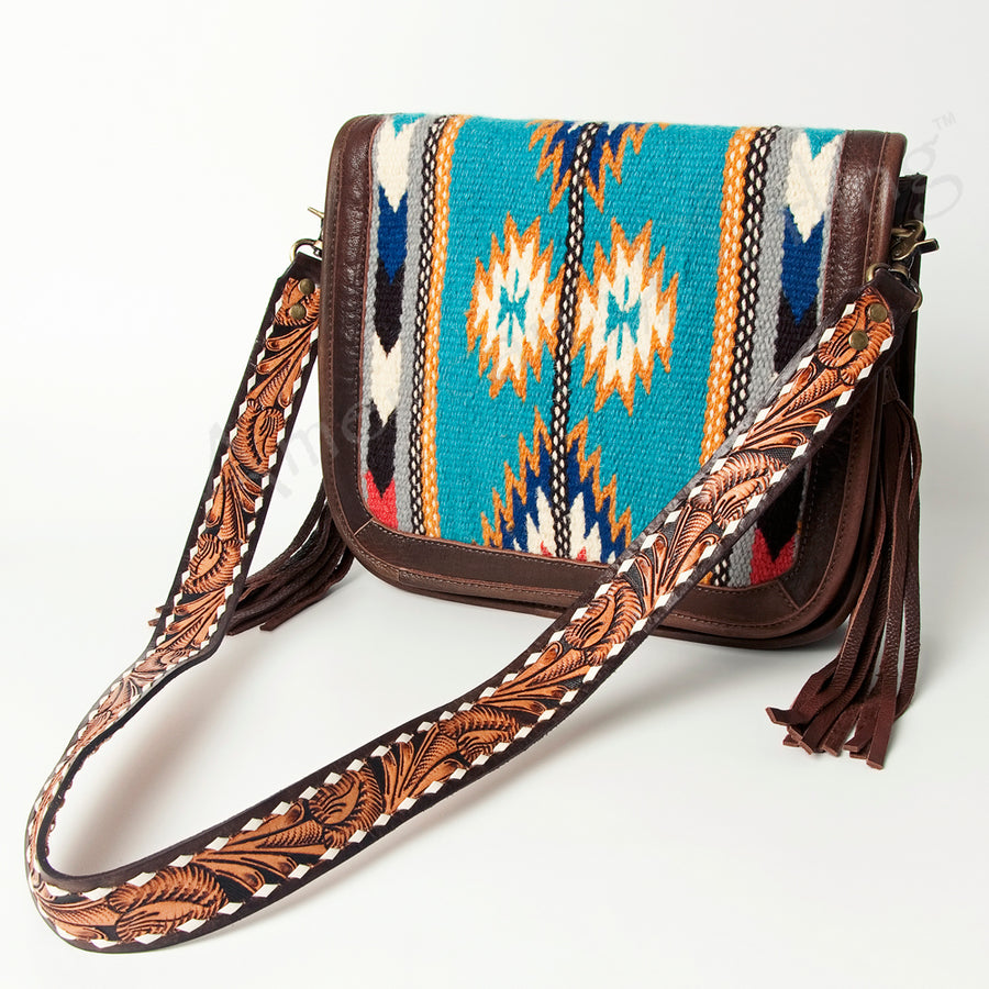 American Darling Hand Tooled Saddle Blanket Fringed Leather Cross body Bag - Uhorse
