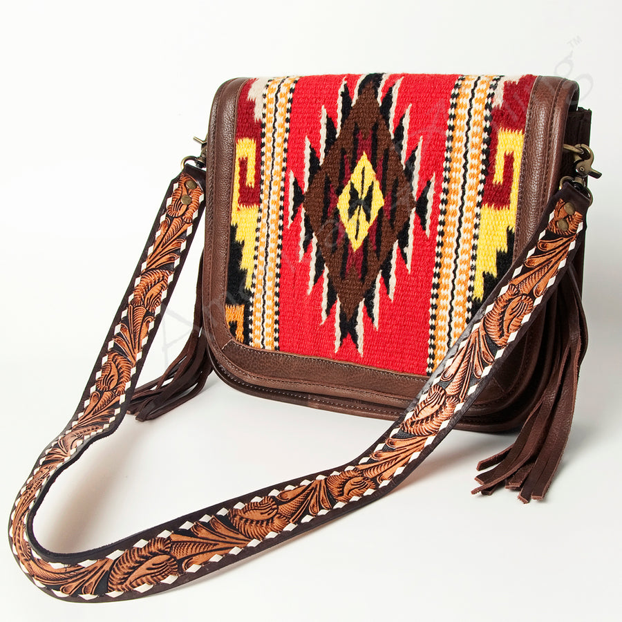 American Darling Hand Tooled Saddle Blanket Fringed Leather Cross body Bag - Uhorse