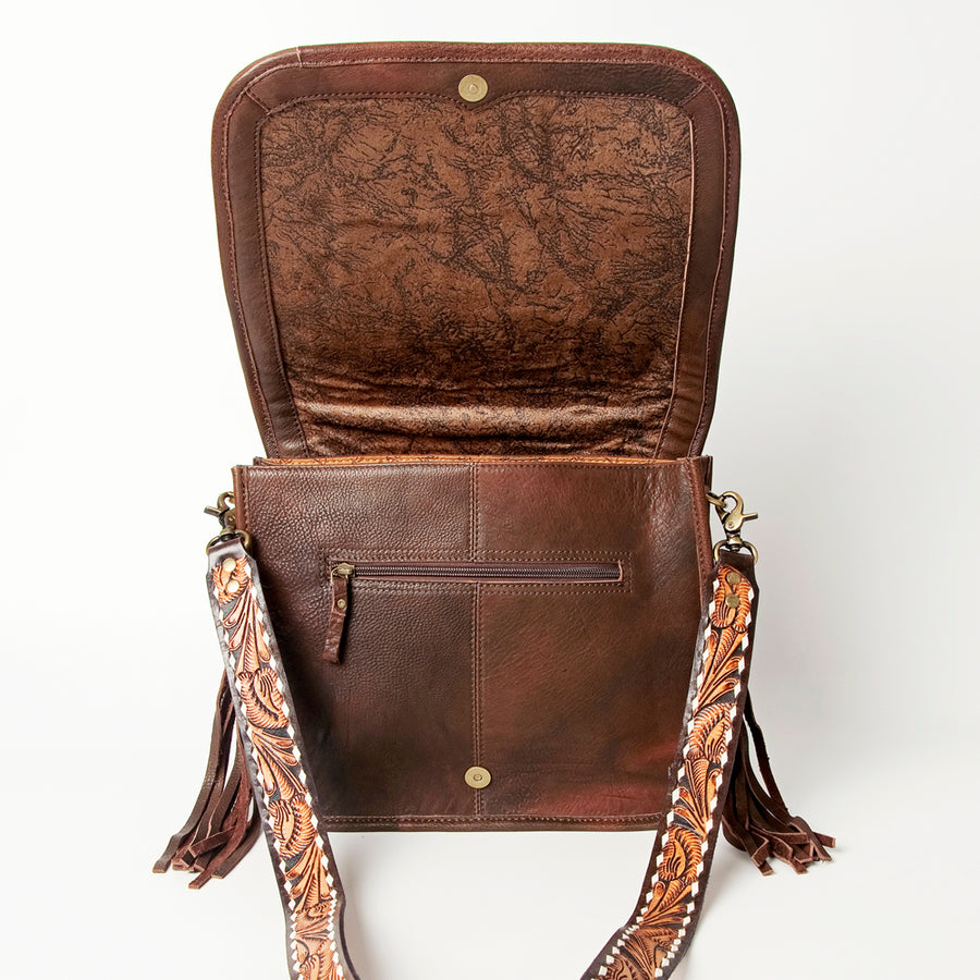 American Darling Hand Tooled Saddle Blanket Cross body Bag Eco-Friendly Genuine Leather Fringed Western Purse YKK Zipper