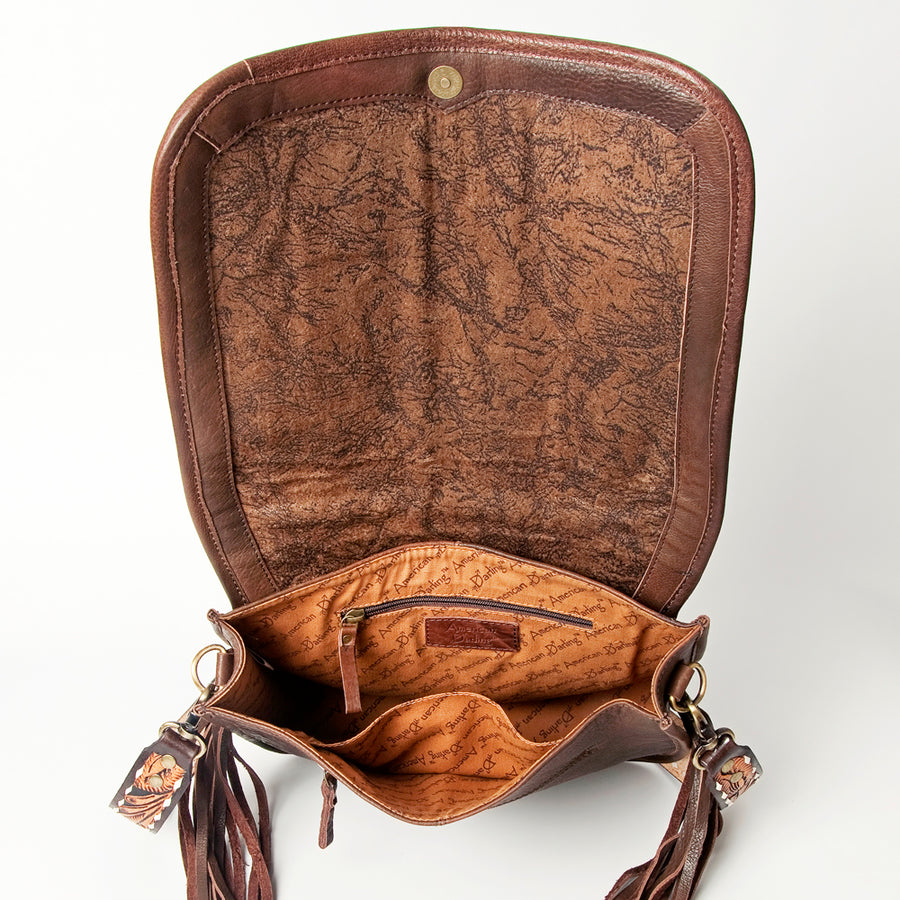 American Darling Hand Tooled Saddle Blanket Cross body Bag Eco-Friendly Genuine Leather Fringed Western Purse YKK Zipper
