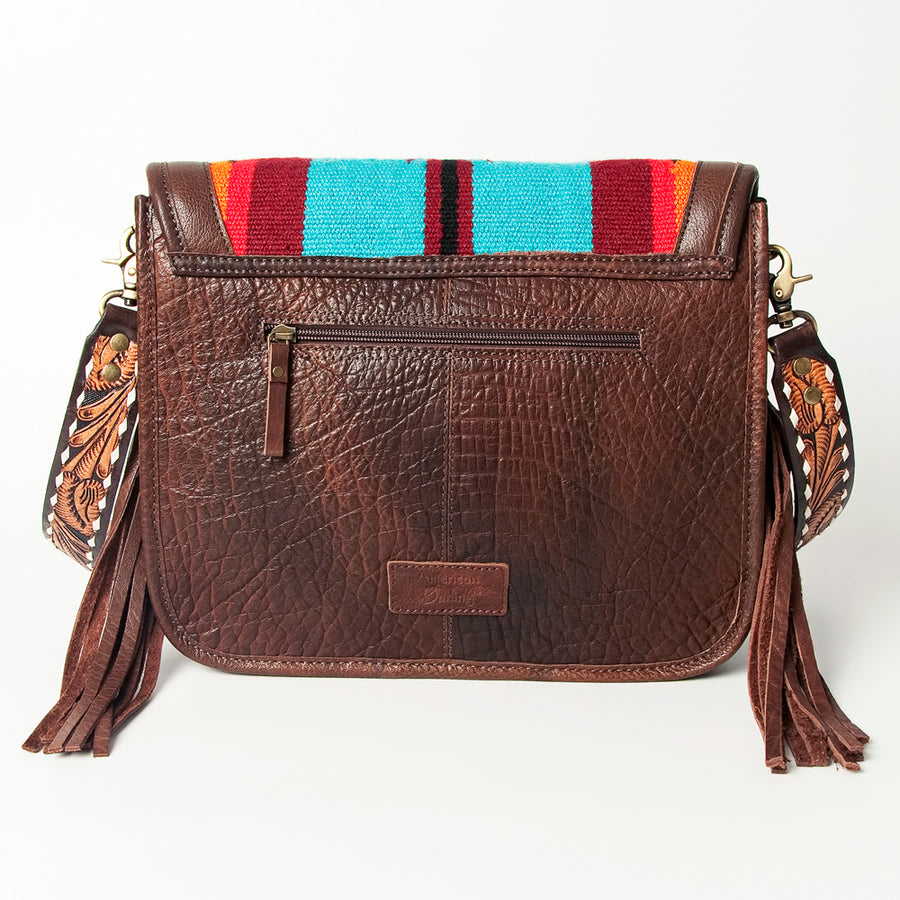 American Darling Hand Tooled Saddle Blanket Cross body Bag Eco-Friendly Genuine Leather Fringed Western Purse YKK Zipper