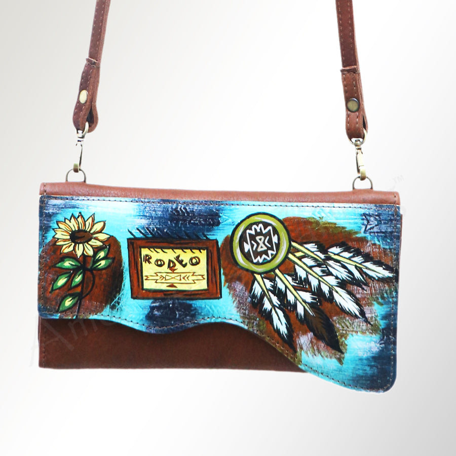 American Darling Small Cross body Bag, Hand Painted Western Scene, Vegetable Tanned Full Grain Leather, 4in (H) X 8in (W) X 1in (D)
