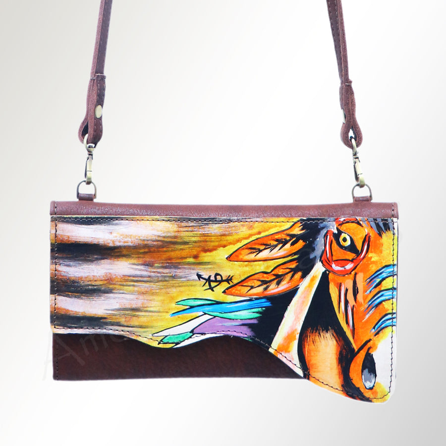 American Darling Small Cross body Bag, Hand Painted Western Scene, Vegetable Tanned Full Grain Leather, 4in (H) X 8in (W) X 1in (D)