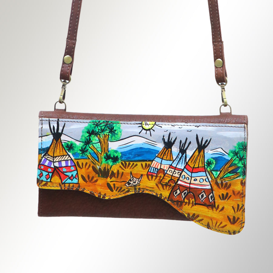 American Darling Small Cross body Bag, Hand Painted Western Scene, Vegetable Tanned Full Grain Leather, 4in (H) X 8in (W) X 1in (D)