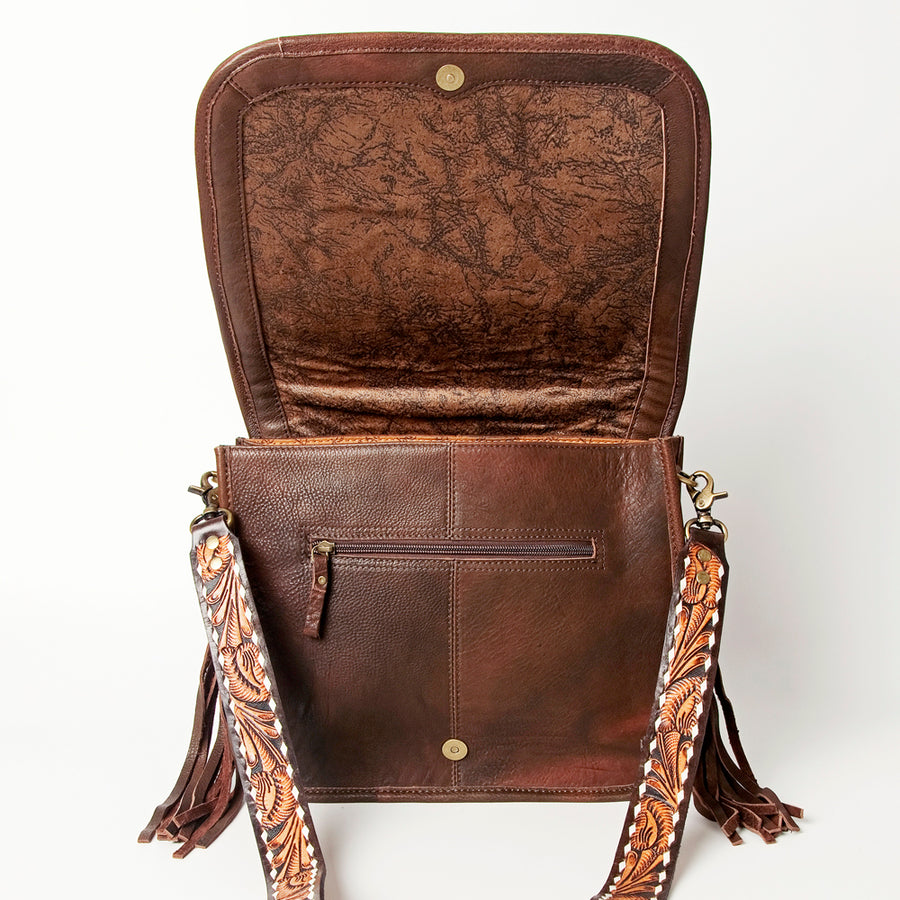 American Darling Hand Tooled Saddle Blanket Cross body Bag Eco-Friendly Genuine Leather Fringed Western Purse YKK Zipper