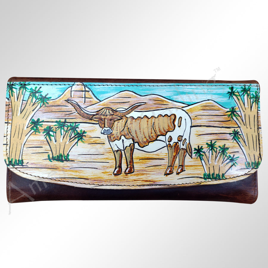 Leather wallet with hand-painted desert scene and cow tooling - Uhorse