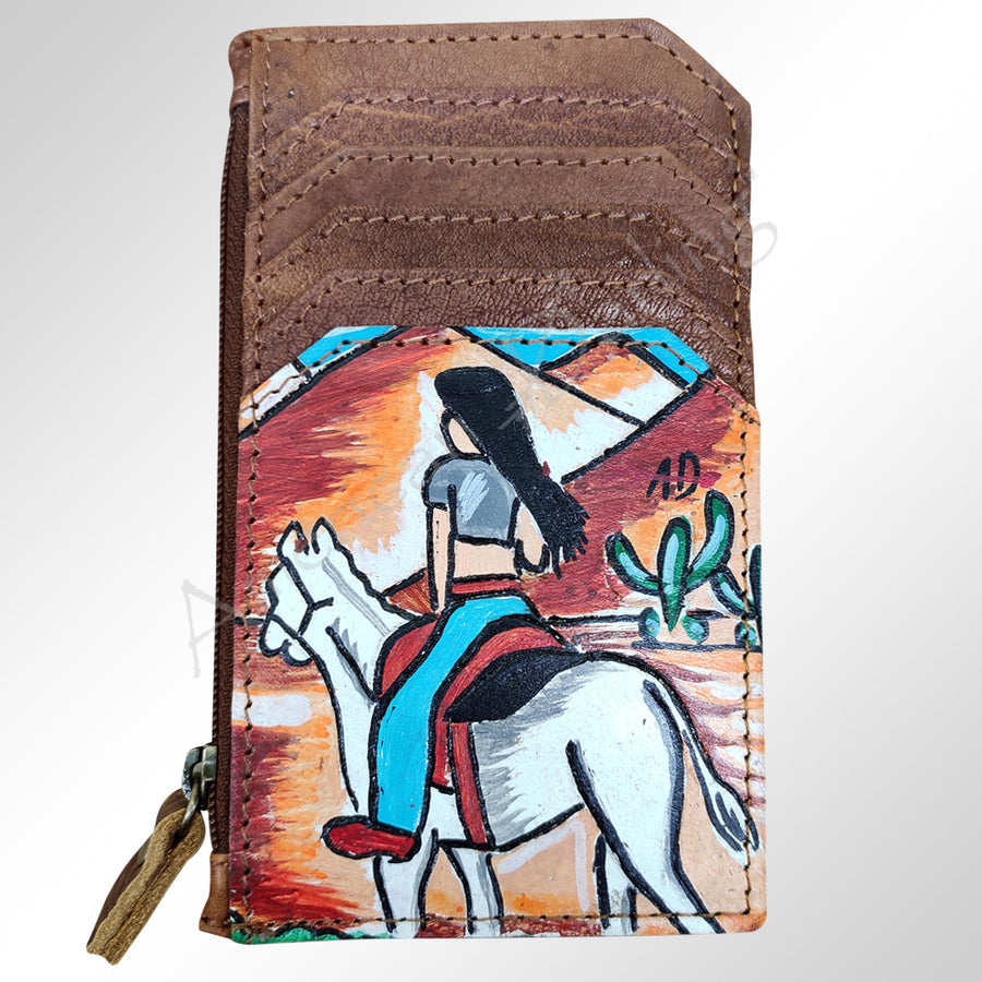 Brown leather wallet with hand-painted western scene - Uhorse