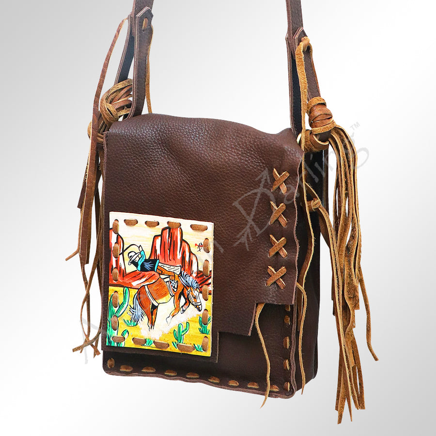 American Darling Hand-Painted Western Leather Cross body Bag with Fringes - Uhorse