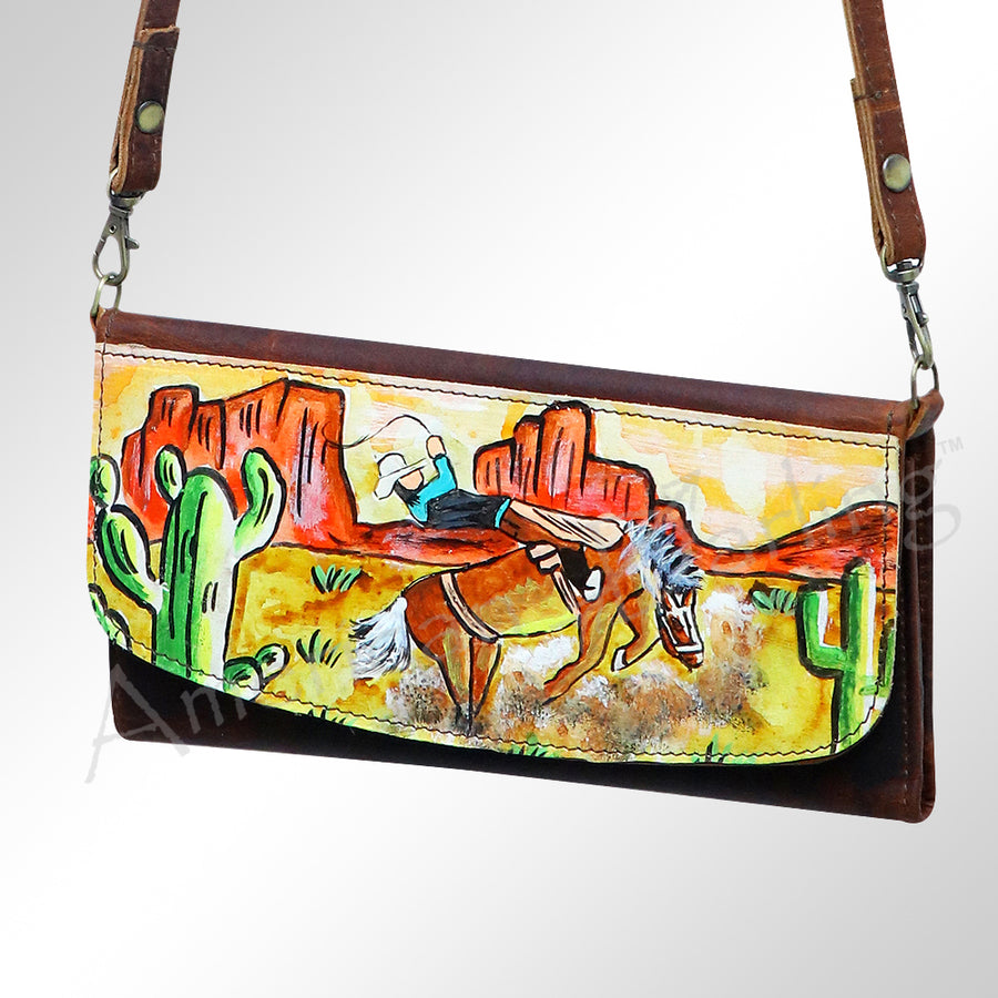 Brown leather shoulder bag with desert scene artwork - Uhorse