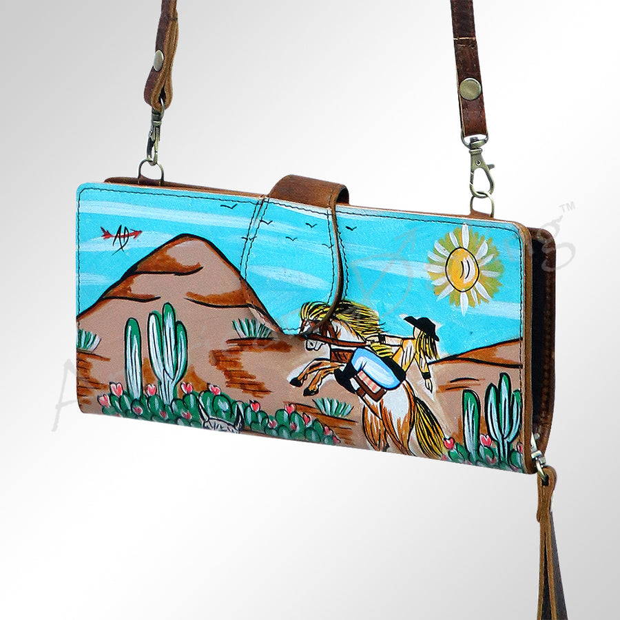 American Darling Wristlet Bag, Hand-Painted Genuine Leather, Western Vegetable Tanned Full Grain Leather Wallet Bag