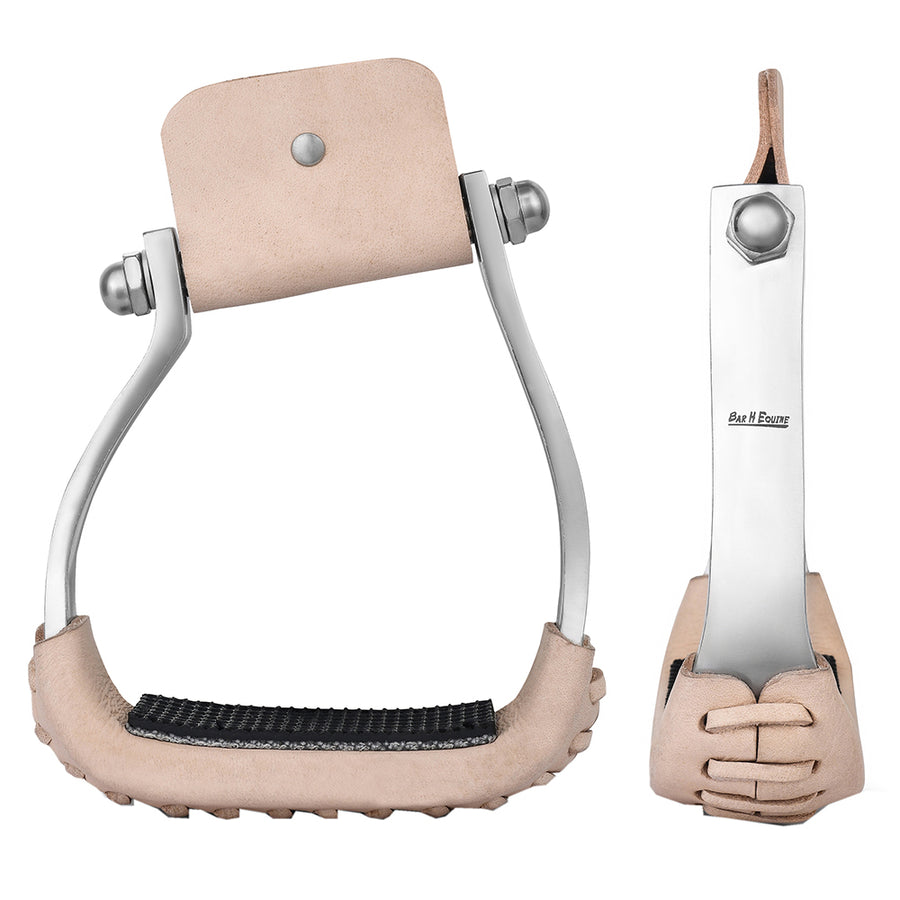 3" Wide Bar H Equine Western Horse Heavy-Duty Genuine Leather Alum. Twisted Sloped Stirrups - Uhorse