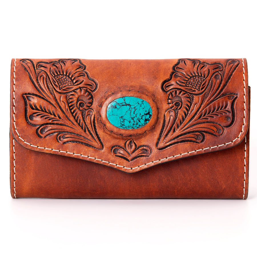 American Darling Western Leather Wallet Hand Tooled Floral Carved Turquoise Stone Genuine Vegetable Tanned Leather 4in x 8in