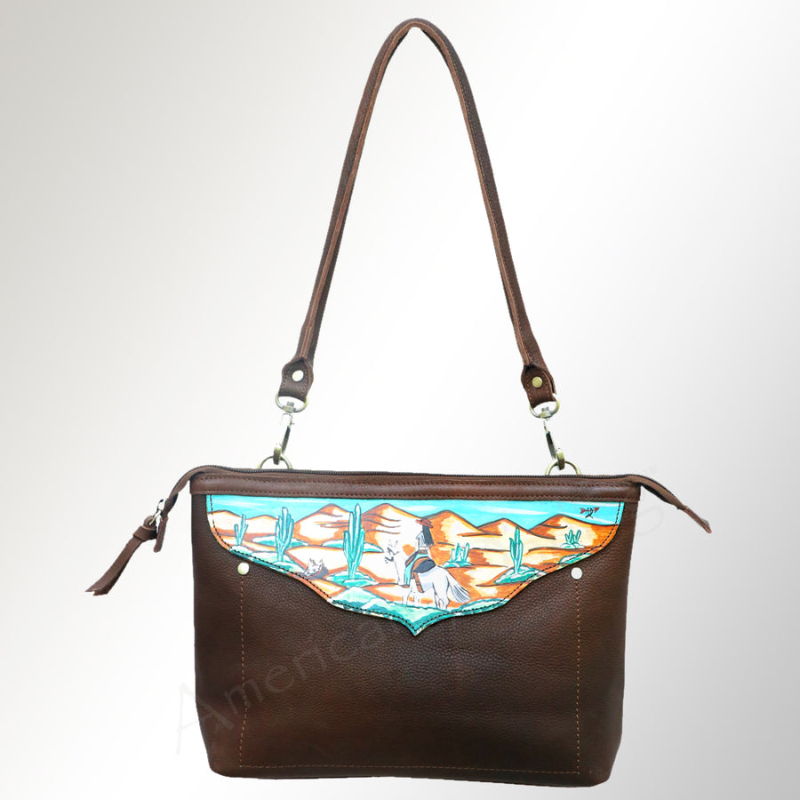 American Darling Cross body Bag, Hand Painted Western Scene, Vegetable Tanned Full Grain Leather, 9in (H) X 14in (W) X 4.5in (D)