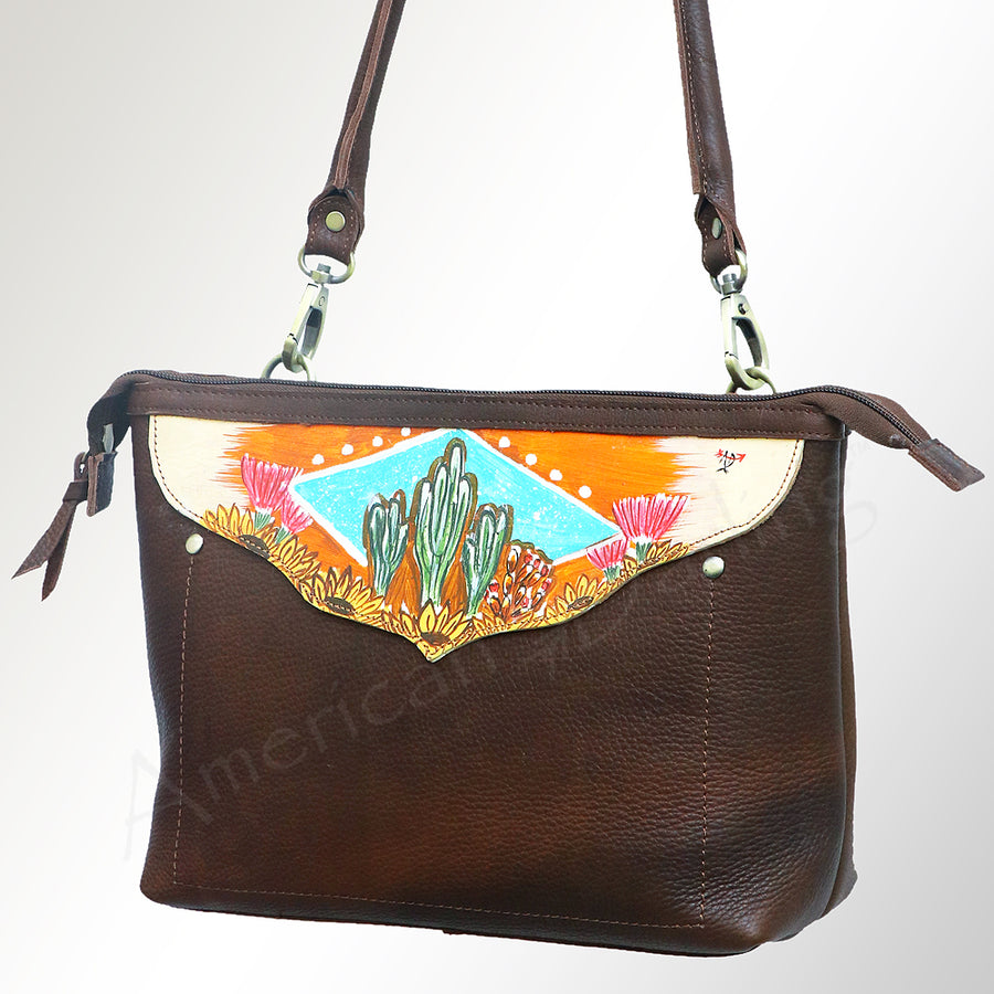 American Darling Cross body Bag, Hand Painted Western Scene, Vegetable Tanned Full Grain Leather, 9in (H) X 14in (W) X 4.5in (D)