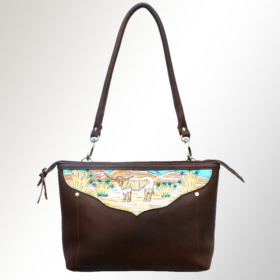 American Darling Cross body Bag, Hand Painted Western Scene, Vegetable Tanned Full Grain Leather, 9in (H) X 14in (W) X 4.5in (D)