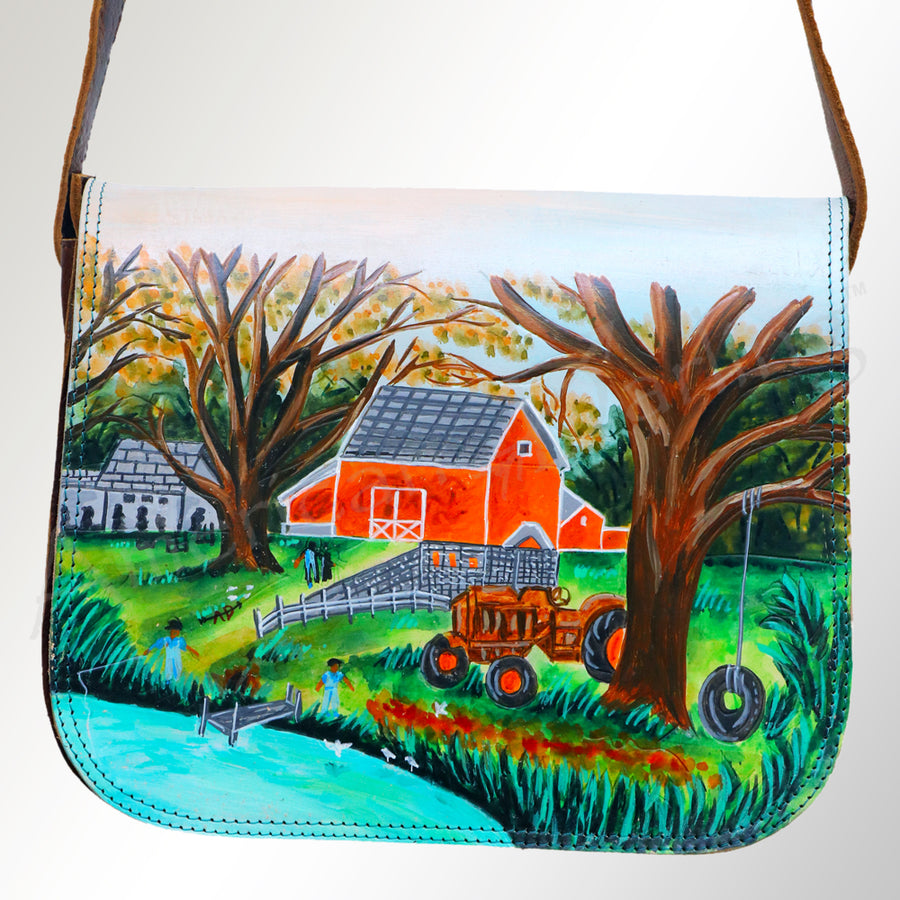 American Darling Messenger Bag, Hand Painted Farmhouse Scene, Vegetable Tanned Full Grain Leather, 8in X 3in X 12in