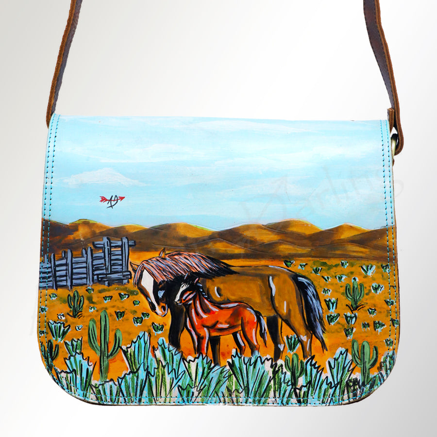 American Darling Messenger Bag, Hand Painted Farmhouse Scene, Vegetable Tanned Full Grain Leather, 8in X 3in X 12in
