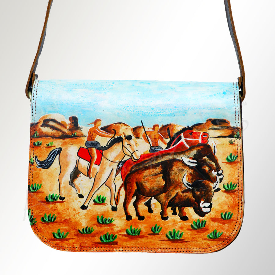 American Darling Messenger Bag, Hand Painted Farmhouse Scene, Vegetable Tanned Full Grain Leather, 8in X 3in X 12in