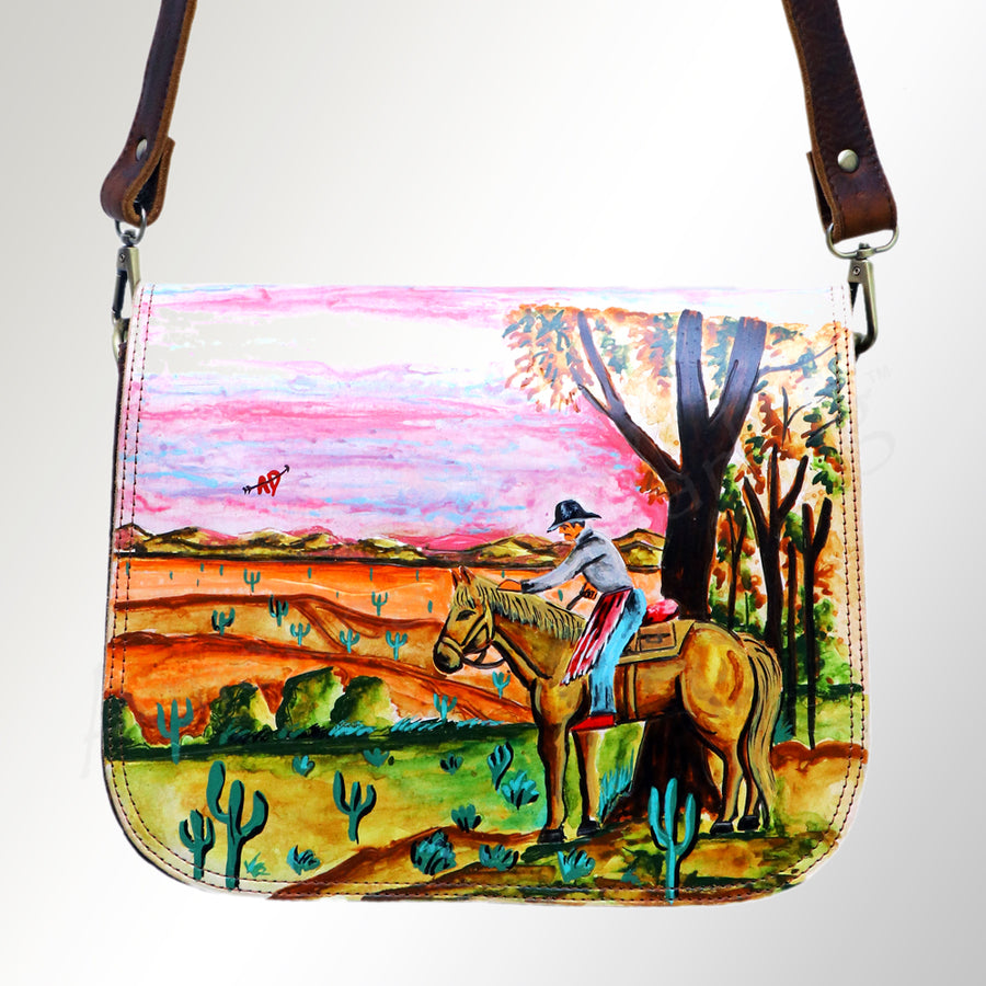 American Darling Messenger Bag, Hand Painted Farmhouse Scene, Vegetable Tanned Full Grain Leather, 8in X 3in X 12in