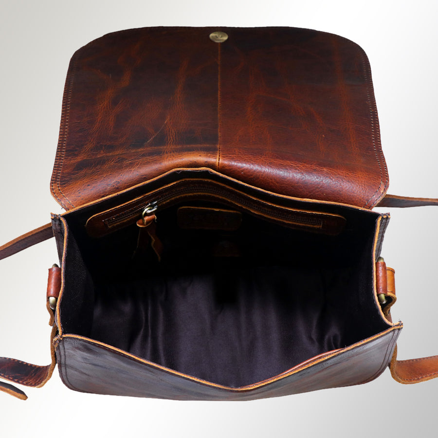 American Darling Messenger Bag, Hand Painted Farmhouse Scene, Vegetable Tanned Full Grain Leather, 8in X 3in X 12in