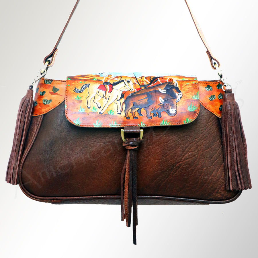 American Darling Cross body Bag, Hand Painted Western Scene, Genuine Vegetable Tanned Leather with Tassels, 8in X 3in X 12in