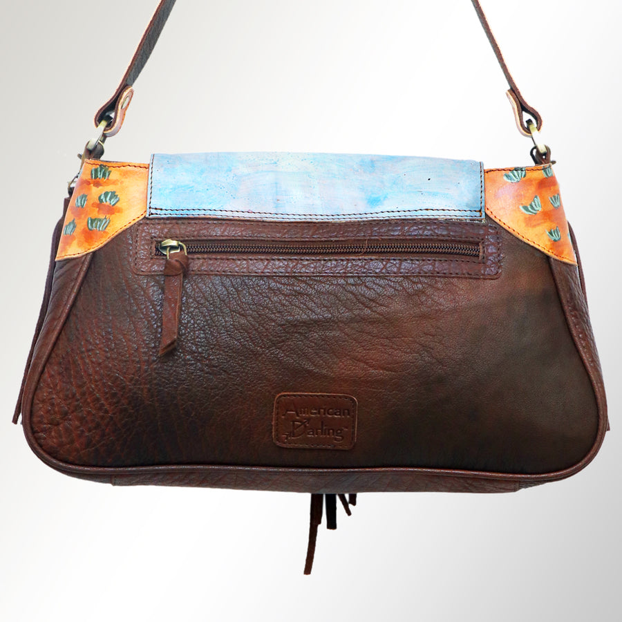 American Darling Cross body Bag, Hand Painted Western Scene, Genuine Vegetable Tanned Leather with Tassels, 8in X 3in X 12in
