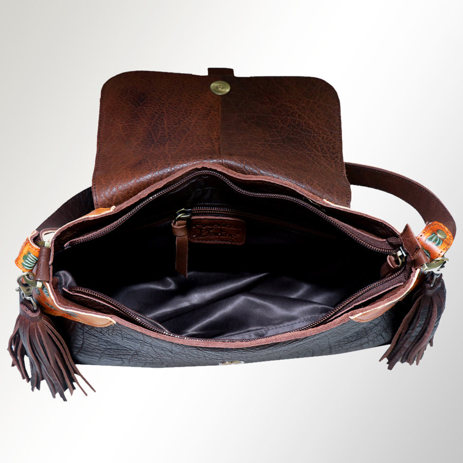 American Darling Cross body Bag, Hand Painted Western Scene, Genuine Vegetable Tanned Leather with Tassels, 8in X 3in X 12in