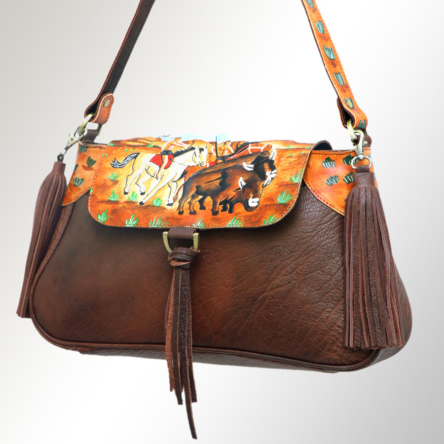 American Darling Hand Painted Western Leather Cross body Bag with Tassels - Uhorse