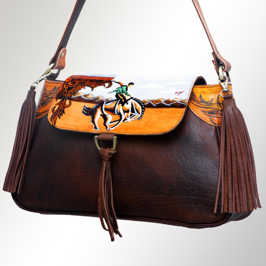 American Darling Hand Painted Western Leather Cross body Bag with Tassels - Uhorse