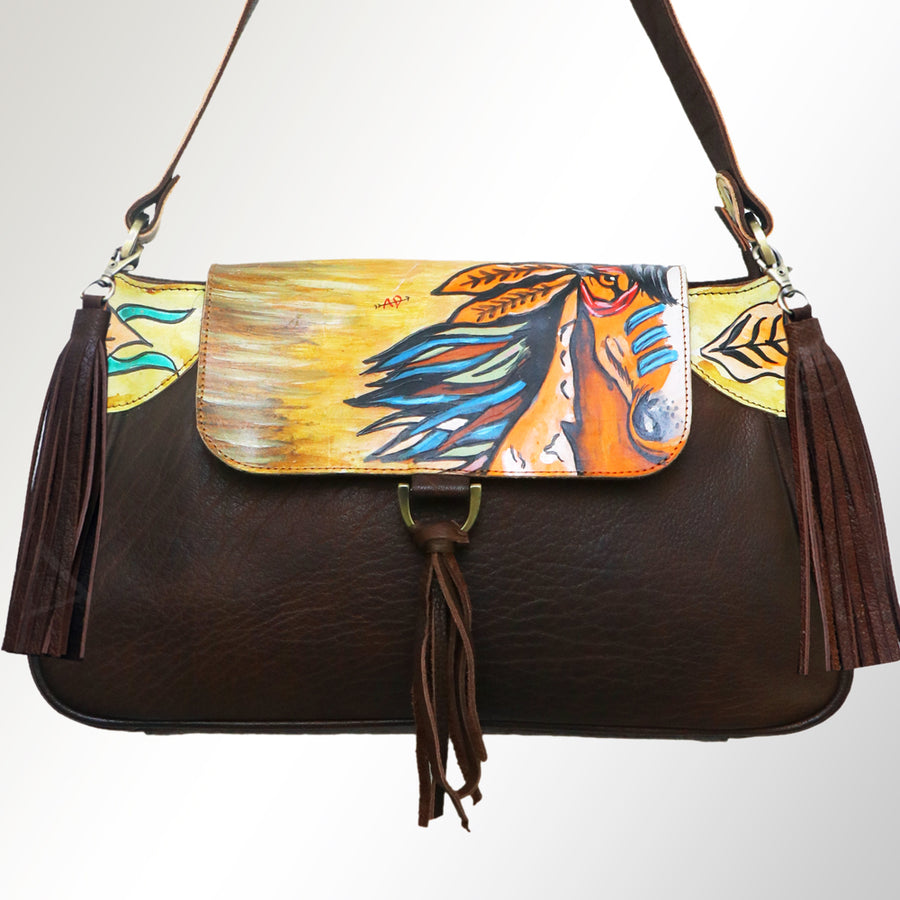 American Darling Cross body Bag, Hand Painted Western Scene, Genuine Vegetable Tanned Leather with Tassels, 8in X 3in X 12in