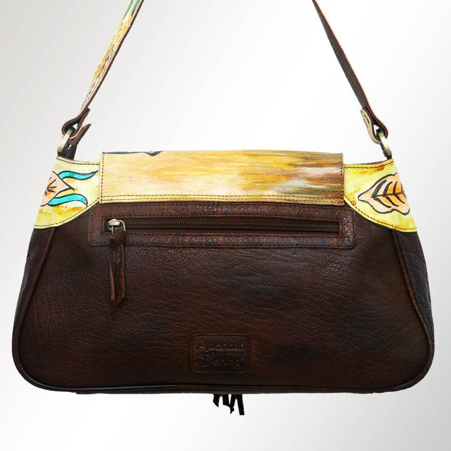 American Darling Cross body Bag, Hand Painted Western Scene, Genuine Vegetable Tanned Leather with Tassels, 8in X 3in X 12in