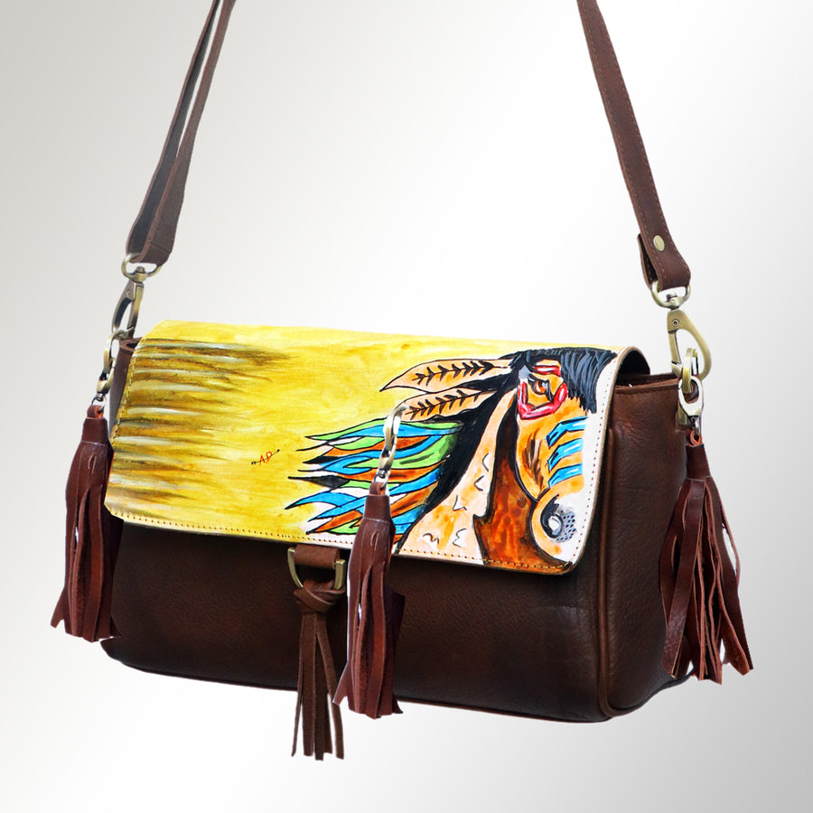 American Darling Hand Painted Western Leather Cross body Bag with Tassels - Handcrafted - Uhorse