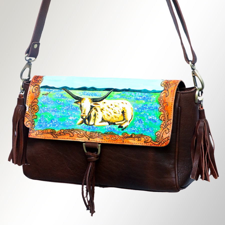 American Darling Cross body Bag, Hand Painted Artistic Horse Scene, Fringed Vegetable Tanned Leather, 14in X 2in X 12in