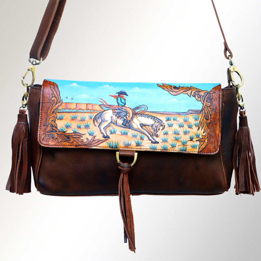 American Darling Cross body Bag, Hand Painted Artistic Horse Scene, Fringed Vegetable Tanned Leather, 14in X 2in X 12in