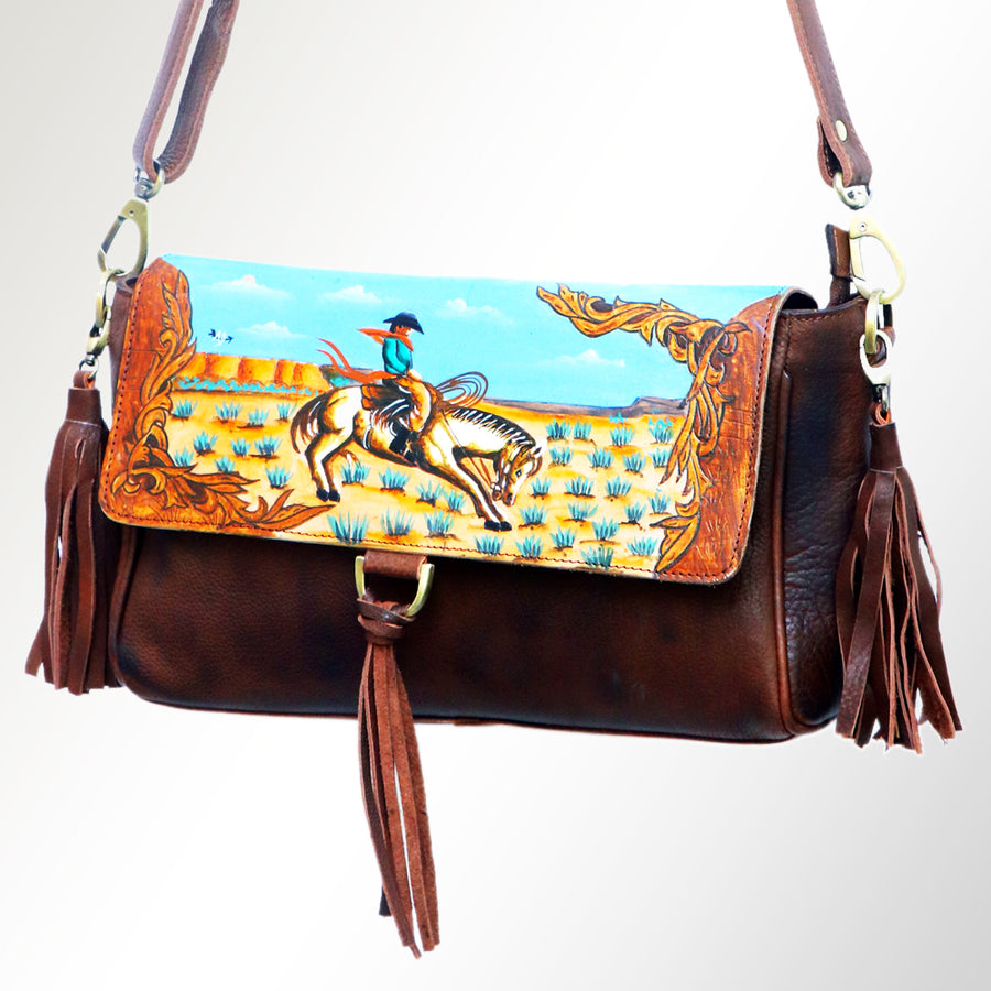 American Darling Hand Painted Western Leather Cross body Bag with Tassels - Handcrafted - Uhorse