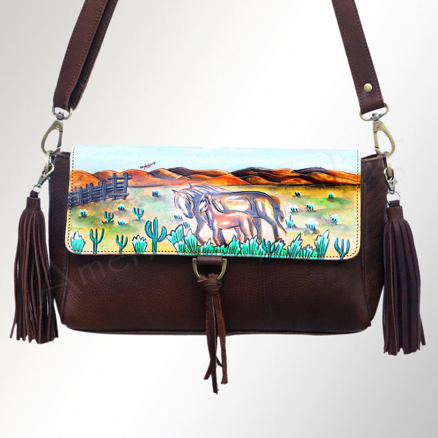 American Darling Cross body Bag, Hand Painted Artistic Horse Scene, Fringed Vegetable Tanned Leather, 14in X 2in X 12in
