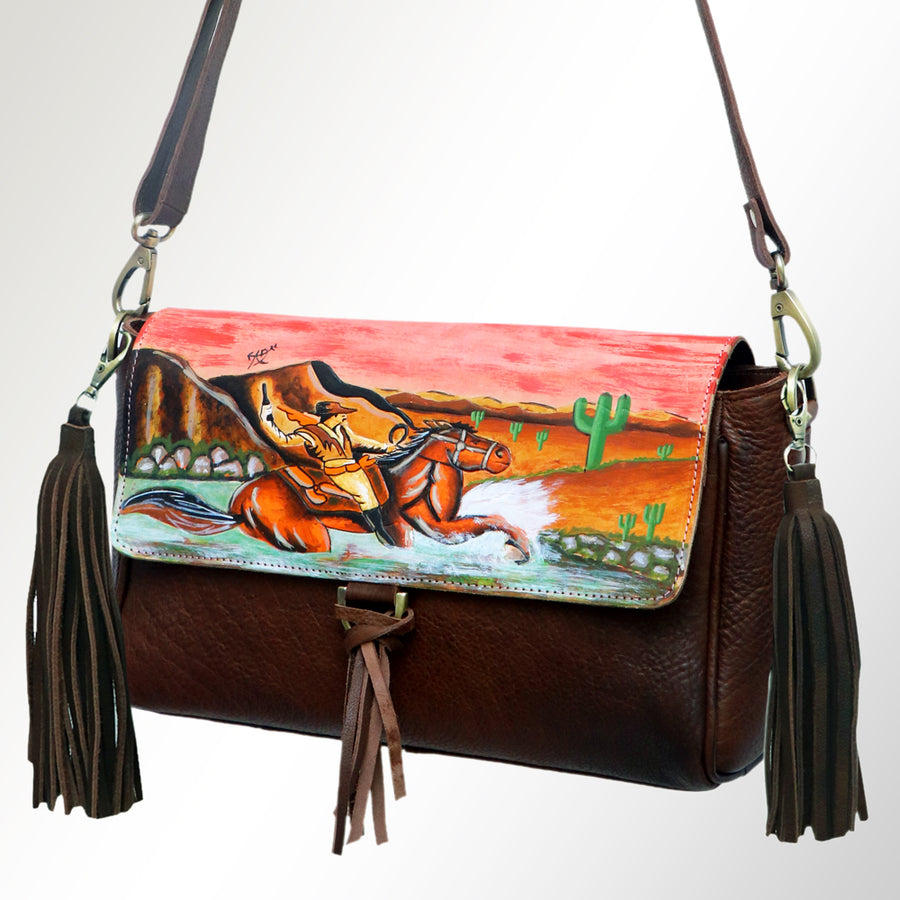 American Darling Hand Painted Western Leather Cross body Bag with Tassels - Handcrafted - Uhorse
